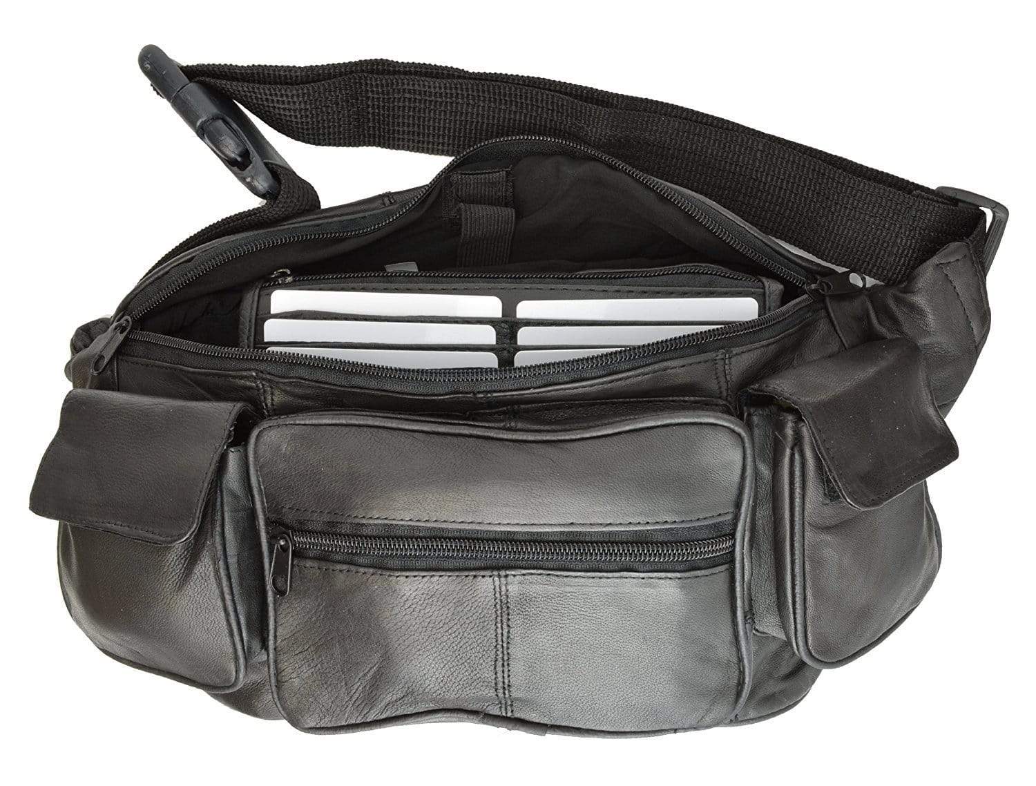 Marshal New Large Genuine Leather Waist Bag Fanny Pack with Two Cell Phone Pockets and Six Exterior Pockets