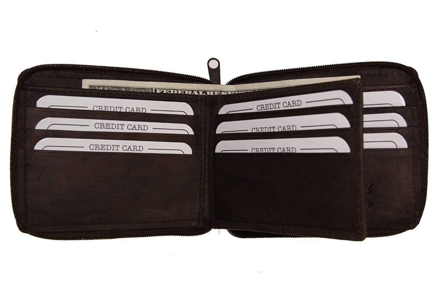 Sleek & Secure: Black Leather Zip-Around Bifold Wallet For Men - 6 Card Slots + ID Window