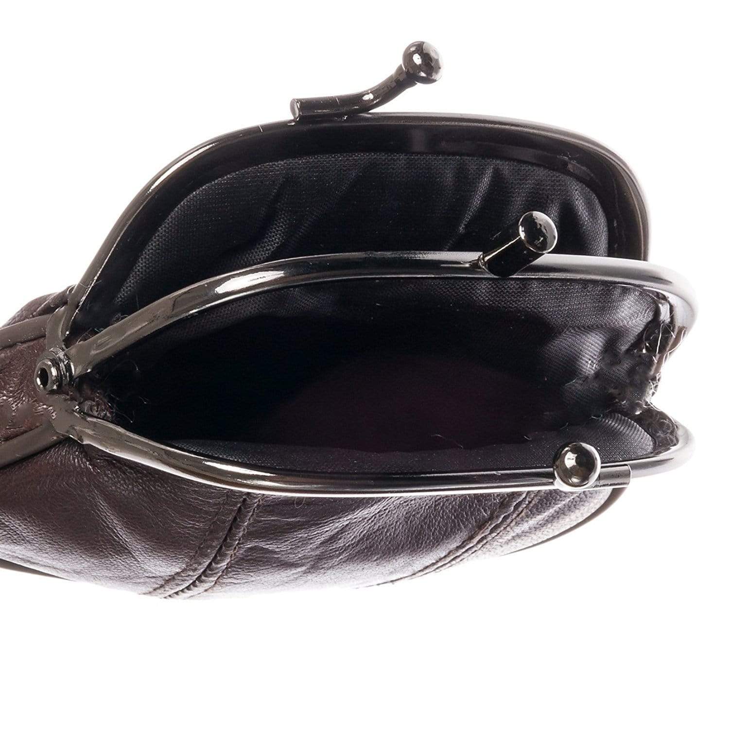 Kisslock Leather Change Purse with Clasp and Zipper Bottom Pouch Black